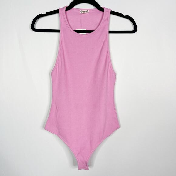 New Free People Small Mauve Pink High Neck Ribbed Bodysuit Tank Top Snap Closure - Picture 1 of 9